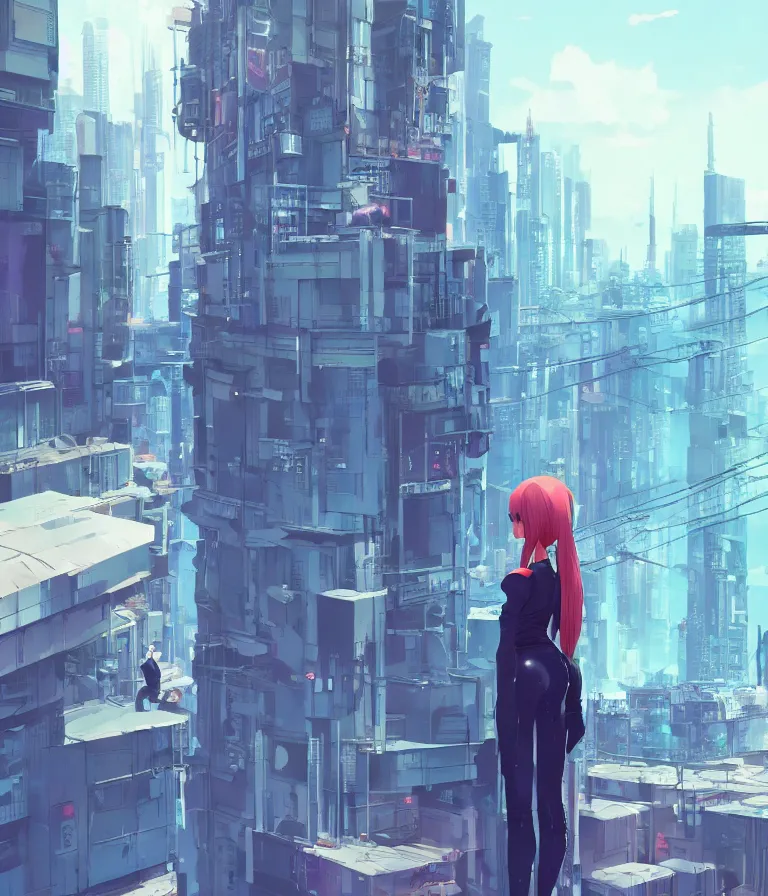 Image similar to a girl stands on top of a multi-storey building, anime style, 4k, cyberpunk city in the background, HD, artstation, very detailed, by Ilya Kuvshinov