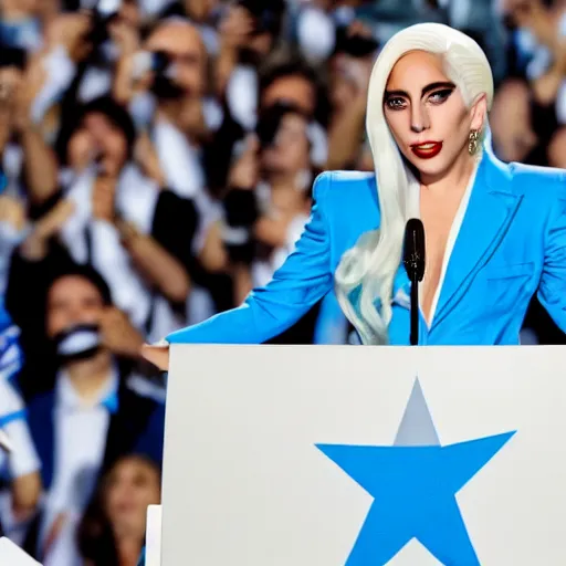 Image similar to Lady Gaga as president, Argentina presidential rally, Argentine flags behind, bokeh, giving a speech, detailed face, Argentina