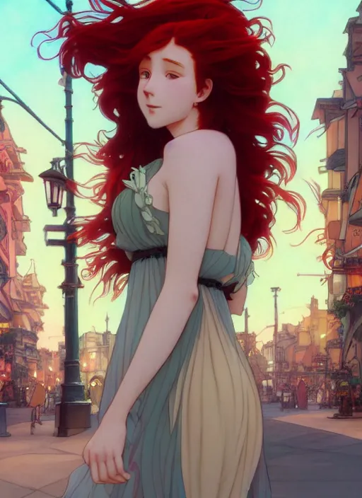 Image similar to beautiful young woman with long red hair walking down city street at night, path traced, highly detailed, high quality, digital painting, by studio ghibli and alphonse mucha, leesha hannigan, makoto shinkai, disney