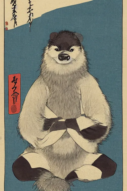 Image similar to ukiyo-e ukiyoe portrait of furry anthro anthropomorphic badger head animal person fursona wearing clothes sitting in a living room