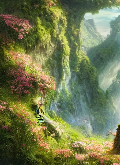 Image similar to an elegant fairy with wings of lace looking at a lord of the rings scenery landscape, vast lush valley flowers and wood structures, stream, sunrise, god's rays highly detailed, vivid color, cinematic lighting, perfect composition, 8 k, gustave dore, derek zabrocki, greg rutkowski, belsinski, octane render