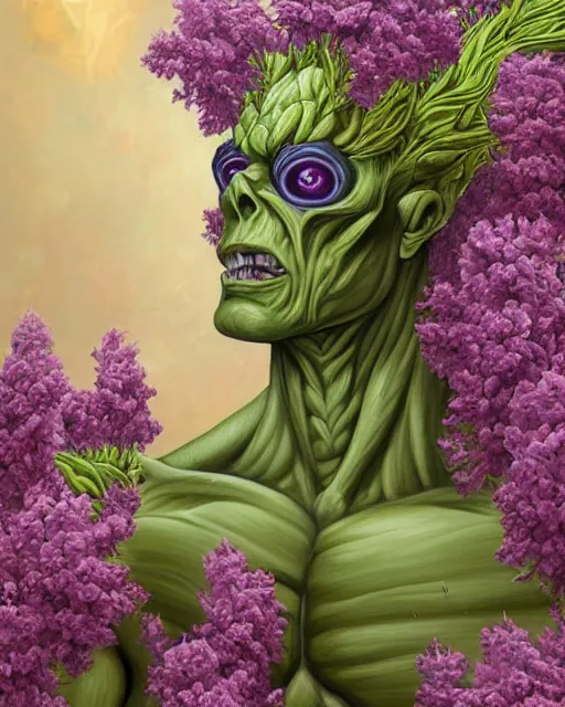 Image similar to Haunting horrifying detailed painting of a huge muscular hulking extraterrestrial flower monster made of lilacs, roses, lilies and daffodils, telekinetic aura, magical powers, and bloodshot eyeballs, hyper detailed, trending on Artstation