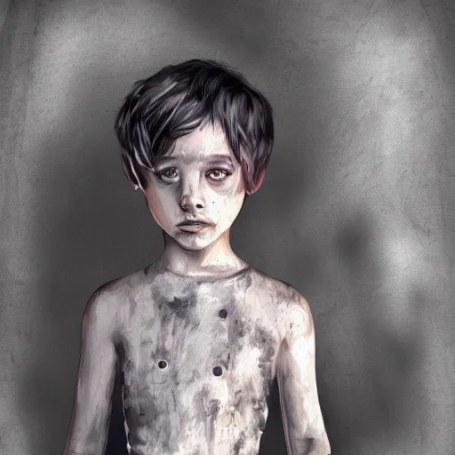 Image similar to detailed half body digital art for a game of a beautiful child wearing ragged, heavy and ruined clothes. the background is dark. dramatic camera angle