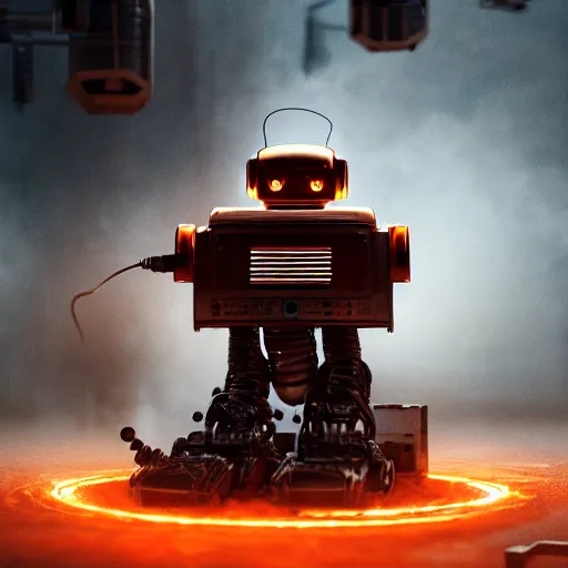 Prompt: toaster oven robot, mechanical, machine, octane render, sharp focus, hyper - realistic, intricate, detailed, eduard pronin, luka mivsek, ruan jia, dark messy smoke - filled cluttered workshop, dark, dramatic lighting, orange tint, sparks, cinematic, highly detailed, sci - fi, futuristic, movie still