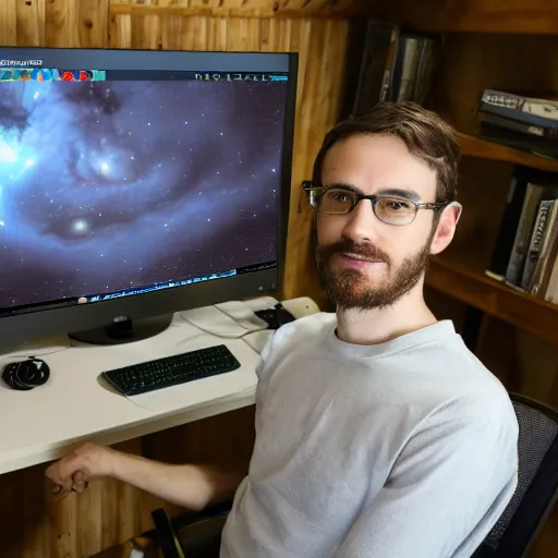 Image similar to Photo of God in his basement as a computer nerd with his computer that runs the simulation of the universe