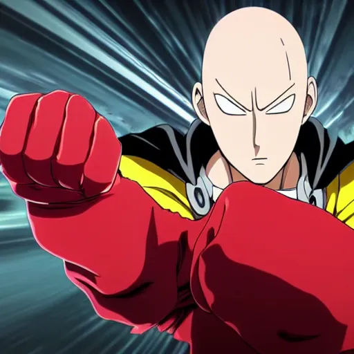 Image similar to One Punch man, action photograph, charging up a red fiery punch, bald man, serious face , long flowing cape, yellow jumpsuit