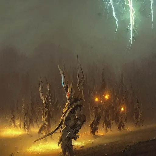 Image similar to a magical lightning storm destroys a goblin army, digital art, greg rutkowski