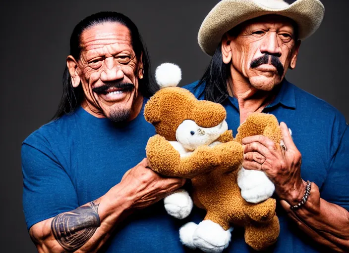 Image similar to photo still of danny trejo at the county fair!!!!!!!! at age 5 6 years old 5 6 years of age!!!!!!!! holding a teddy bear he won, 8 k, 8 5 mm f 1. 8, studio lighting, rim light, right side key light