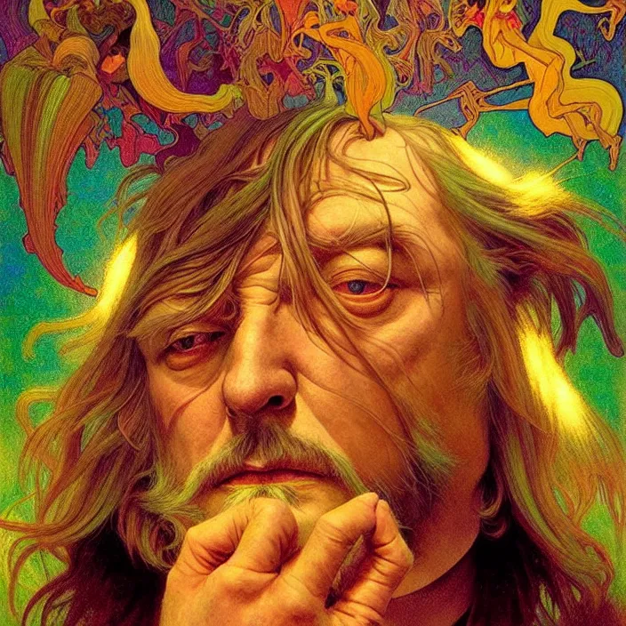 Prompt: bright psychedelic photo of robert wyatt tripping on lsd, diffuse lighting, fantasy, intricate, elegant, highly detailed, lifelike, photorealistic, digital painting, artstation, illustration, concept art, smooth, sharp focus, art by John Collier and Albert Aublet and Krenz Cushart and Artem Demura and Alphonse Mucha