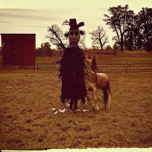 Prompt: “nighttime photograph of scarecrow cowboy and white pony standing in an empty field littered with trash and garbage while fireworks go off in the sky raining glowing burning embers falling from the night sky. Flash photo. 35mm. Cursed image.”