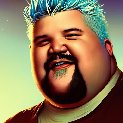 Prompt: Highly detailed portrait of fat Guy Fieri, Stephen Bliss, unreal engine, fantasy art by Greg Rutkowski, Loish, Rhads, ferdinand knab, Makoto Shinkai and Lois van baarle, ilya kuvshinov, rossdraws, Tom Bagshaw, alphonse mucha, global illumination, radiant light, detailed and intricate environment