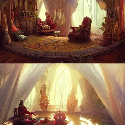 Image similar to a beautiful interior of a fairy castle, fully decorated, furnished with fairy furniture, fairy aesthetics, concept art, by greg rutkowski, alphonso mucha and elena dudina. high details, global illumination