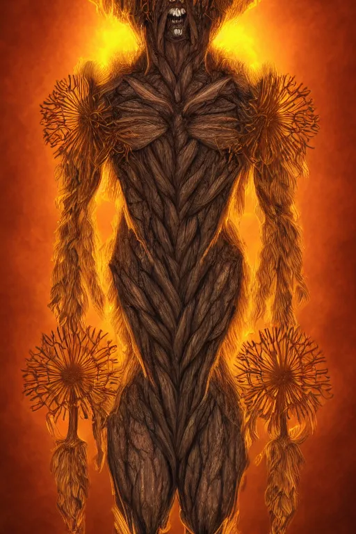 Image similar to corn dandelion humanoid figure monster, symmetrical, highly detailed, digital art, sharp focus, trending on art station, amber eyes, elemental glowing