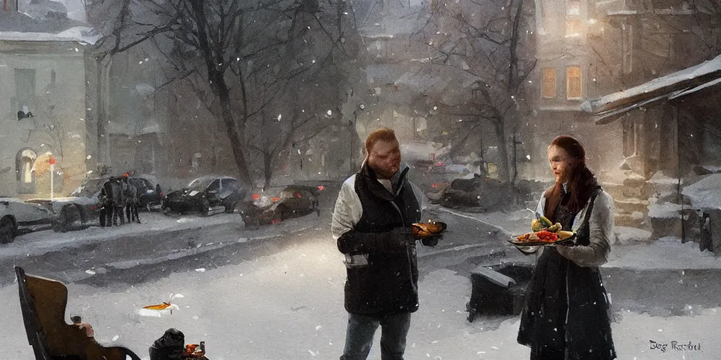 Prompt: journalist in oslo eating a trout, art by greg rutkowski