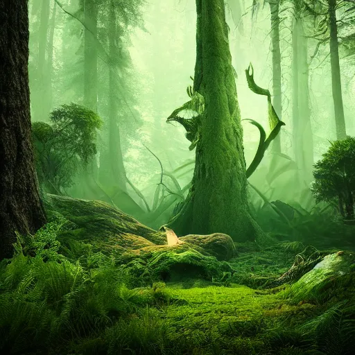 Image similar to deep forest with mystical creatures, rendered in octane, magic, love energy, nature, lush green environment, rendered octane