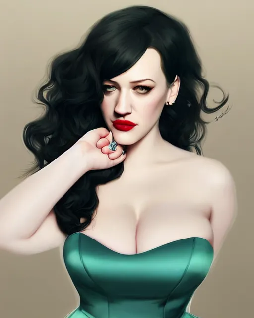 Prompt: kat dennings christina hendricks jennifer tilly, wearing dress, by wlop and ilya kuvshinov and artgerm, gorgeous, stunning, alluring, artstation, deviantart, digital art