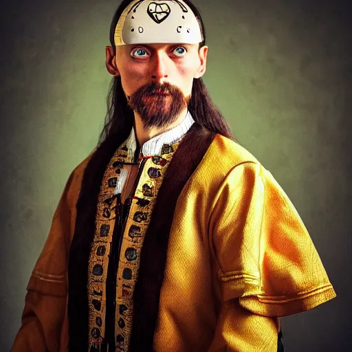 Image similar to Colour Caravaggio and Leonardo da Vinci style full body portrait Photography of Highly detailed Man wearing detailed Ukrainian folk costume designed by Taras Shevchenko with 1000 years perfect face wearing highly detailed retrofuturistic VR headset designed by Josan Gonzalez. Many details In style of Josan Gonzalez and Mike Winkelmann and andgreg rutkowski and alphonse muchaand and Caspar David Friedrich and Stephen Hickman and James Gurney and Hiromasa Ogura. Rendered in Blender and Octane Render volumetric natural light