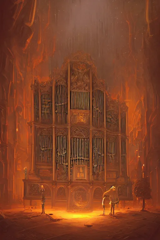 Image similar to illustration of close - up view of a haunted pipe organ, night by peter mohrbacher, by alex andreev, by jacek yerka, by alan lee, large depth of field, super detailed, digital art, trending on artstation