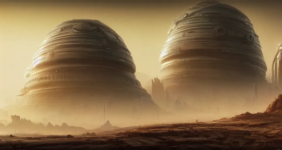 Image similar to cinematic shot, futuristic city on the mars made of tiered disks, utopian, digital painting, artstation, concept art, smooth, sharp focus, illustration, intricate, elegant, highly detailed, in the style of greg rutkowski and alphonse mucha and artemisia, 8 k, highly detailed, jurgens, rutkowski