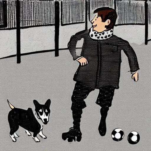 Image similar to illustration of french boy on the streets of paris playing football against a corgi, the dog is wearing a polka dot scarf, comic, 1 9 7 2