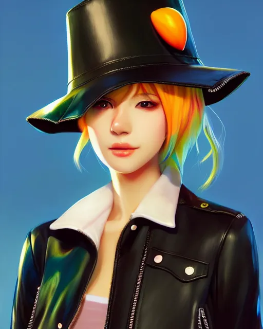 Prompt: mango girl wearing a candy hat and leather jacket, fine detail!! anime!! realistic shaded lighting!!, kim hyun joo, digital painting by ilya kuvshinov, magali villeneuve, artgerm, jeremy lipkin and michael garmash and rob rey