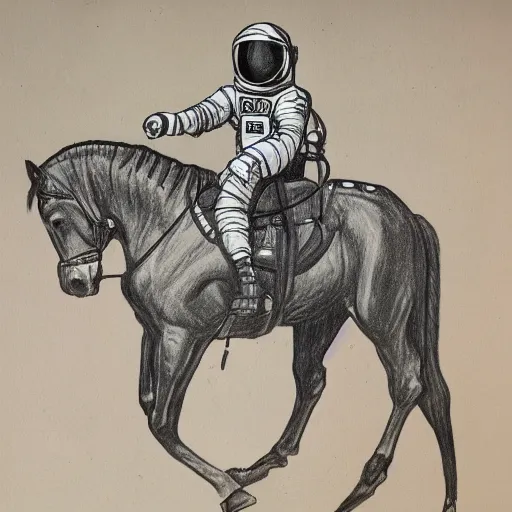 Image similar to drawing of steed situated on top of astronaut that standing on all fours