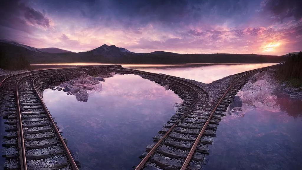 Prompt: amazing landscape photo of a lonely train track over a lake in sunset by marc adamus, beautiful dramatic lighting