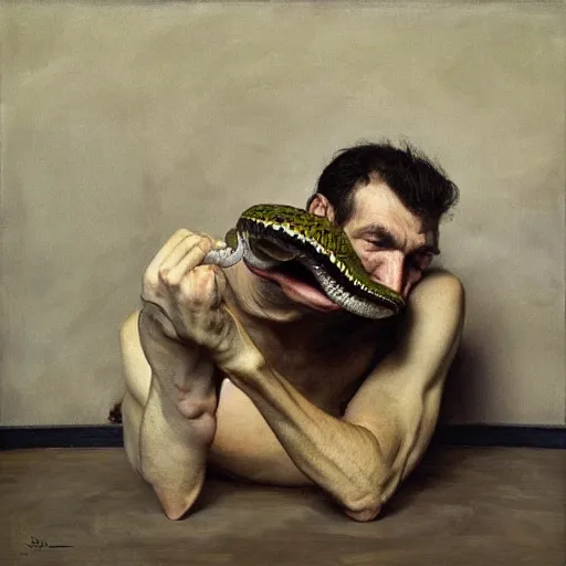 Image similar to shadowy by lucian freud, by serge marshennikov. a beautiful photograph of a snake eating its own tail that seems to go on forever.