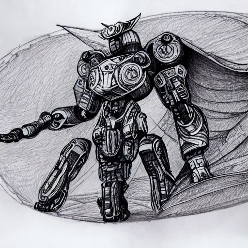 Image similar to an intricate ballpoint drawing of a giant anime robot with rounded and cicular parts