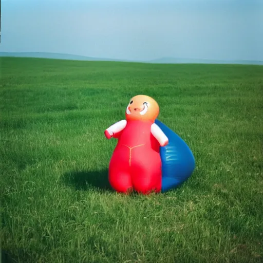 Image similar to A sad woman wearing a smiling inflatable toy in a meadow, 1980, color film expired film, aged photo, fellini almodovar john waters