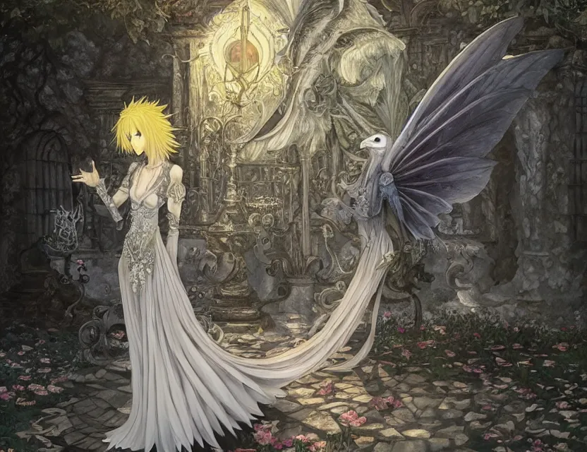 Image similar to faerie albino raven in the palace courtyard. this oil painting by the award - winning mangaka has a beautiful composition, great sense of depth, dramatic lighting and intricate details.