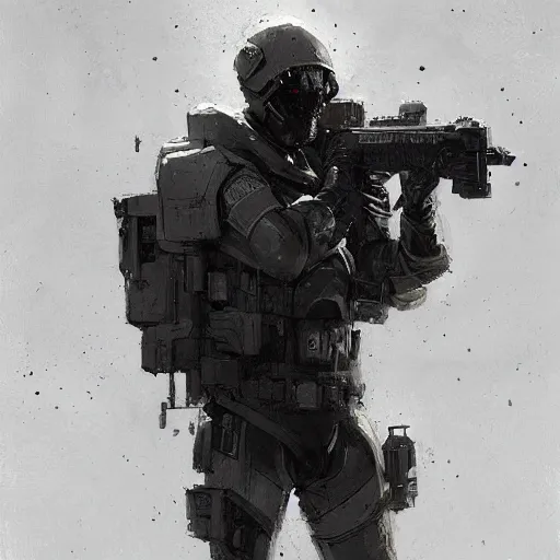 Image similar to concept art by greg rutkowski, soldiers wearing futuristic white and black tactical gear, running through a brutalist futuristic interior, dim lighting, detailed portraits, stressfull atmosphere, scifi, digital painting, artstation, concept art, smooth, sharp foccus ilustration, artstation hq