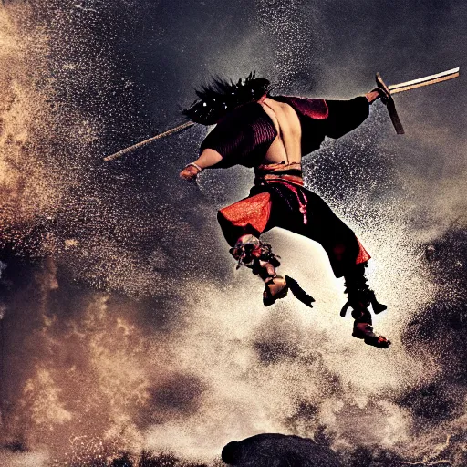 Prompt: samurai epic jump, movie shot, 35mm, feels epic, atmospheric, photo-real, 8K render, cinematic lighting