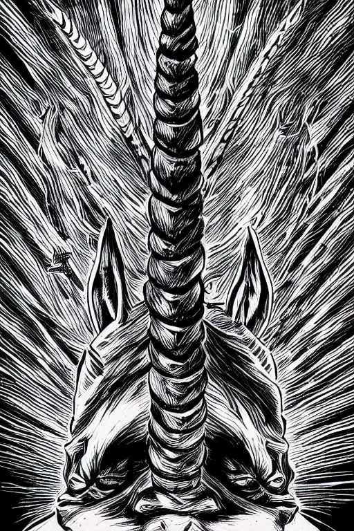 Image similar to a vicious unicorn, symmetrical, highly detailed, digital art, sharp focus, trending on art station, kentaro miura manga art style