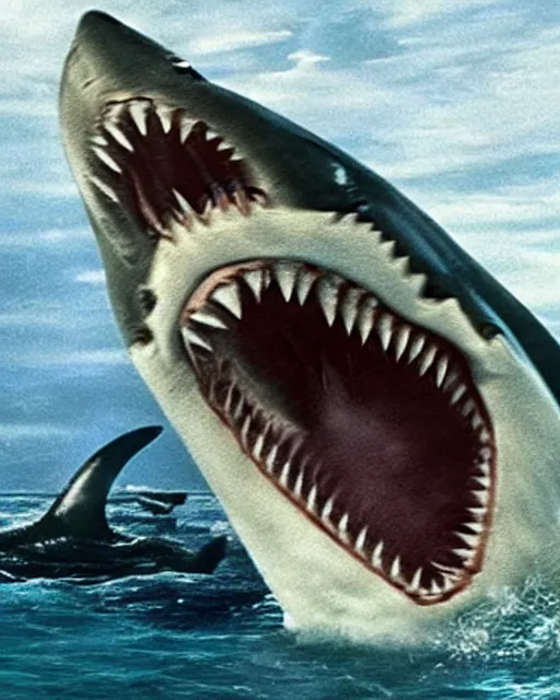 Prompt: film still close up shot of dwayne johnson fighting a shark in the movie jaws. photographic, photography