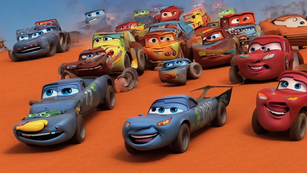 Prompt: pixar cars movie with mad max vehicles