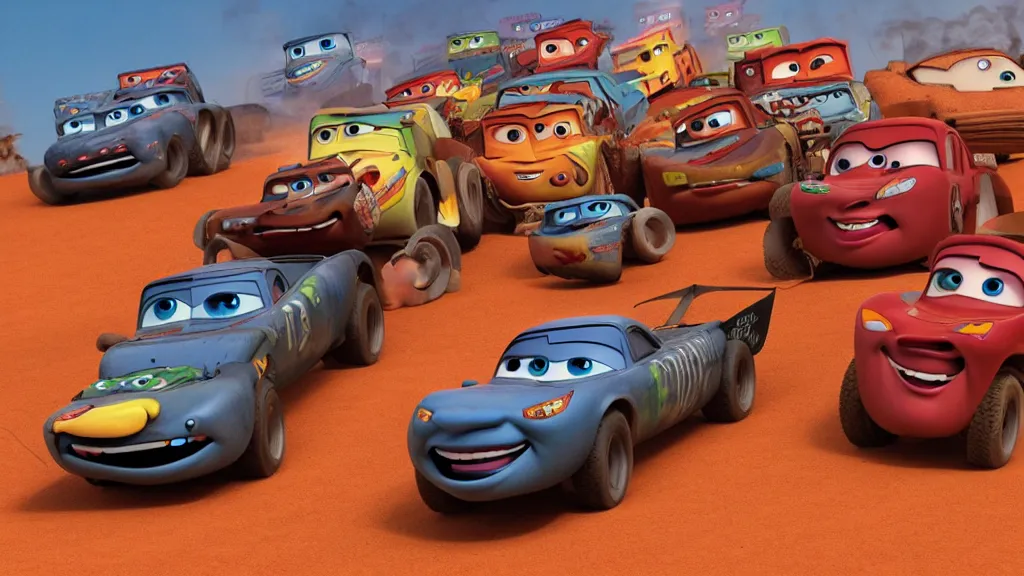 Image similar to pixar cars movie with mad max vehicles