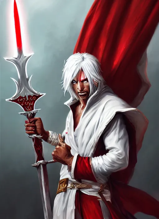 Image similar to a highly detailed illustration of sadistic white haired tanned african priest wearing white robe with red cross design, wielding divine bloody sword, evil smirk, gothic church background, intricate, elegant, highly detailed, centered, digital painting, artstation, concept art, smooth, sharp focus, league of legends concept art, wlop