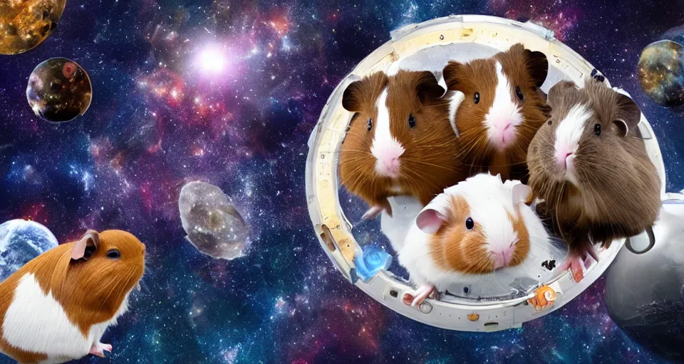 Image similar to ultra realistic guineapigs floating in space suits floating in space, 4 k, 8 k, nebula, universe, many stars, space station