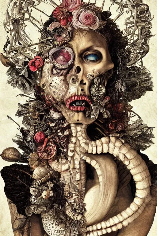 Image similar to Detailed maximalist portrait with large lips and with large white eyes, angry, exasperated expression, skeletal, HD mixed media, 3D collage, highly detailed and intricate, surreal illustration in the style of Caravaggio, dark art, baroque