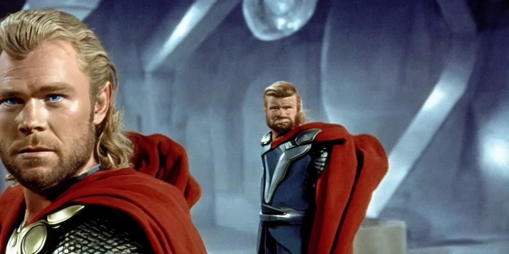Image similar to Thor in the role of Captain Kirk in a scene from Star Trek the original series