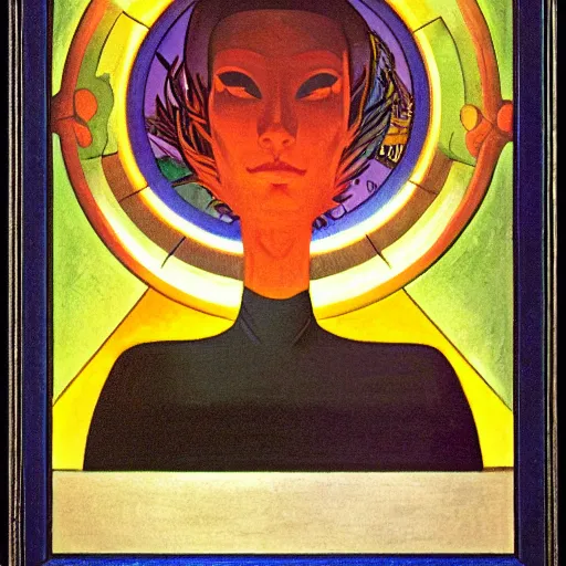 Image similar to the subway witch, by leo and diane dillon and diego rivera and nicholas roerich, dramatic lighting, god rays, smooth, sharp focus, highly detailed