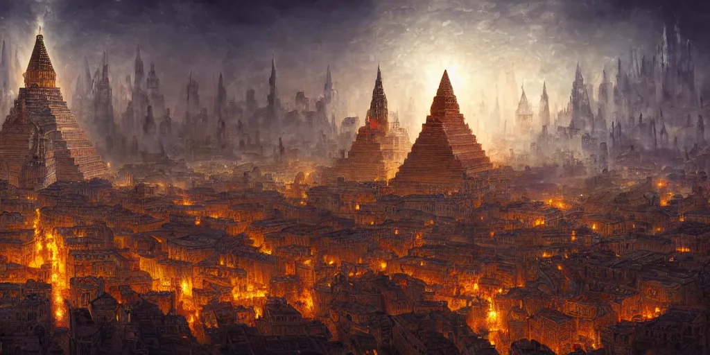 Image similar to magical city of the Great Tartarian Empire adorned with amazing lost technology, lighting resembling fireflies, spires from rooftops collecting and distributing etheric energy, the centerpiece of the city is a colossal ancient pyramid made of metal, cityscape, combining intense detail & utmost quality, Christian Hecker, Artstation, - H 832