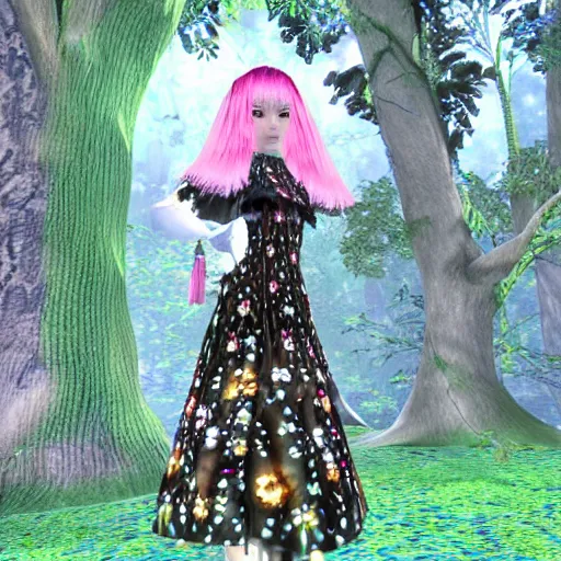 Image similar to cute female forest spirit wearing floral cybernetic valentino resort sheer dress in a 3 d psx ps 2 jrpg style, overgrown esoteric cyber cathedral sanctuary, fashion gameplay screenshot, highly detailed, morning pink gold light