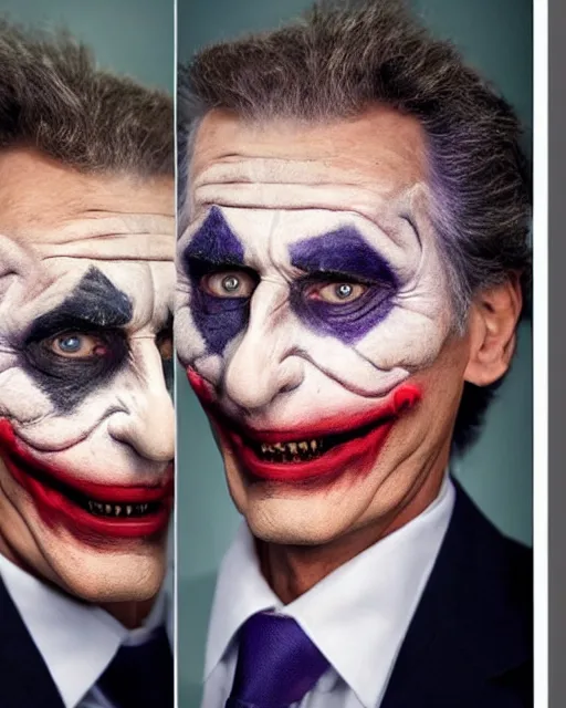 Image similar to Mauricio Macri in Elaborate Joker Makeup and prosthetics designed by Rick Baker, Hyperreal, Head Shots Photographed in the Style of Annie Leibovitz, Studio Lighting, Mauricio Macri with an angry cat in his hand