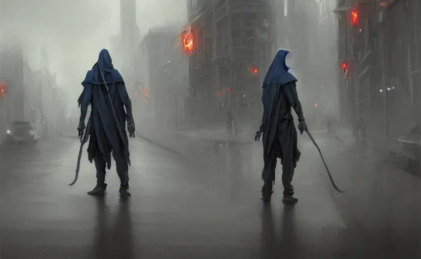 Prompt: the grim reaper, standing on a dark city street, soft grey and blue natural light, intricate, digital painting, artstation, concept art, smooth, sharp focus, illustration, art by greg rutkowski and luis rollo and uang guangjian and gil elvgren, symmetry!