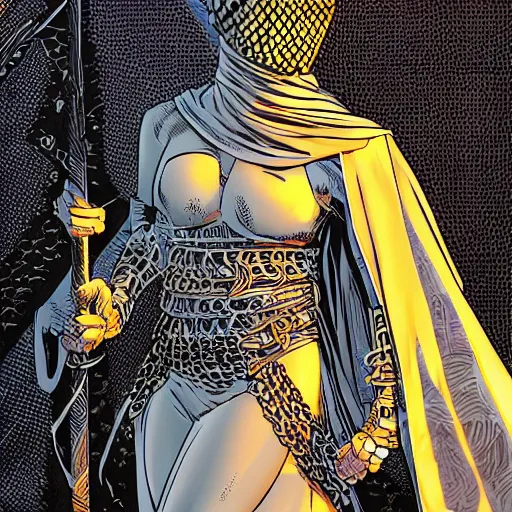 Prompt: a warrior woman in a dark robes covered by modern body armor, her face is covered by a chain - mail veil, she is holding a long staff, intricate, elegant, highly detailed, smooth, sharp focus, high contrast, graphic novel, art by michael choi and laurie greasley,