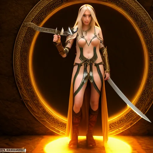 Image similar to full - body shot, cinematic movie image, beautiful hot elven female mage with a shield and a sword, ultra - hd, hcl, 1 2 - bit, ar, volumetric lighting, screen space global illumination, opaque, optics, lumen reflections, vfx, elegant, ornate, hyper realistic, super detailed, insanely detailed and intricate