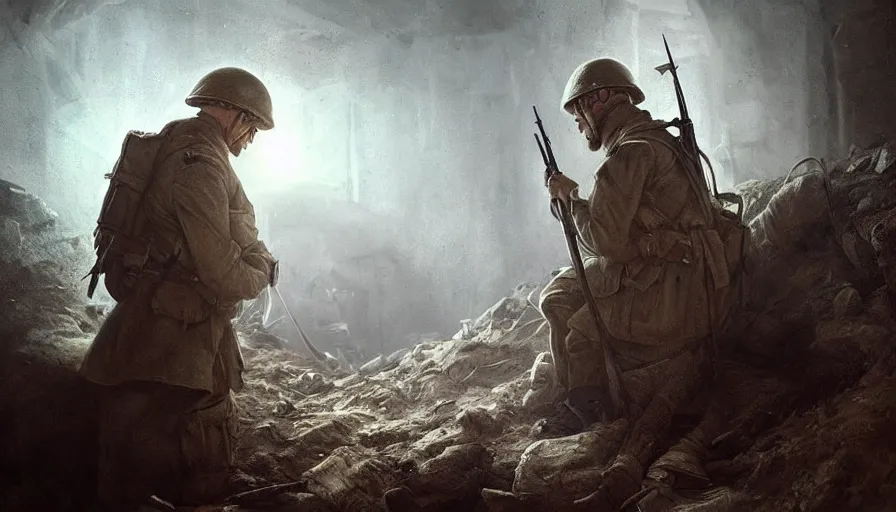 Image similar to beautiful painting of a soldier in a trench waiting for the war to end. cinematic lighting by greg rutkowski,