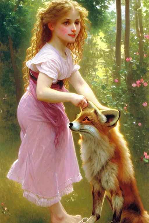 Image similar to a seven - year old girl with long curly dirty blonde hair, blue eyes, tan skin, a pink tee shirt, shorts, playing with a fox, painting by daniel gerhartz, alphonse mucha, bouguereau, detailed art, artstation